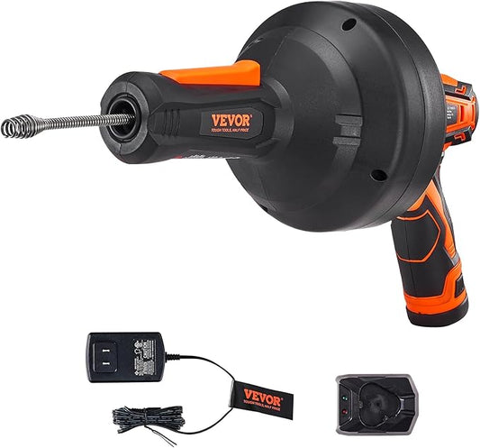 VEVOR 12V Electric Drain Auger, 25FT Cordless Plumbing Snake Auto Feed, Pipeline Snake Drain Clog Remover with Power Drill for 3/4"-2" Pipes, 2.0Ah Battery and Charger Included