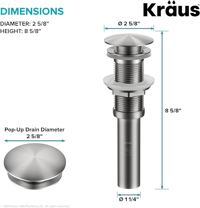 KRAUS Bathroom Sink Pop-Up Drain Assembly in Matte Black for Vessel Sinks and Sinks without Overflow, with Extended Thread for Thicker Countertops, PU-L10MB