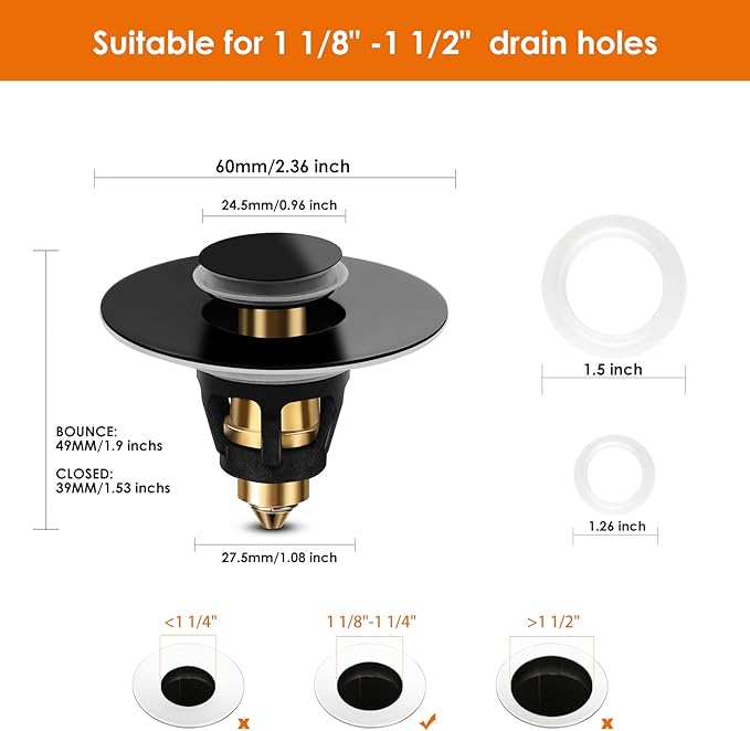 Universal Bathroom Sink Stopper, Basin Pop-up Bathroom Sink Drain Strainer, Bathroom Drain Stopper with Stainless Steel Hair Catcher for 1.1-1.5 Inch Drain(1 PCS, Black)
