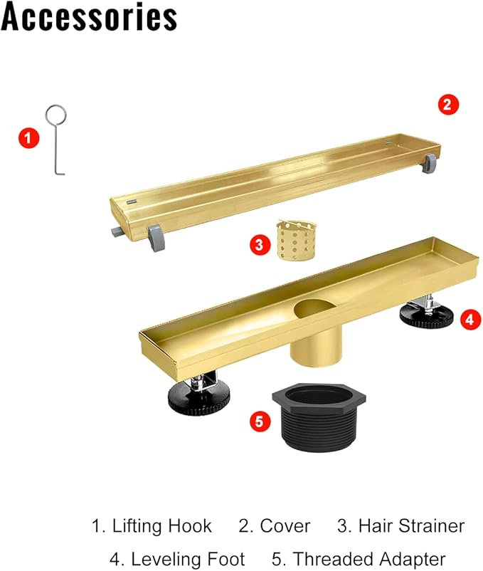 SaniteModar Linear Shower Drain, Gold Shower Drain 12 inch with 2 in 1 Tile Insert Panel, with Hair Strainer and Leveling Feet