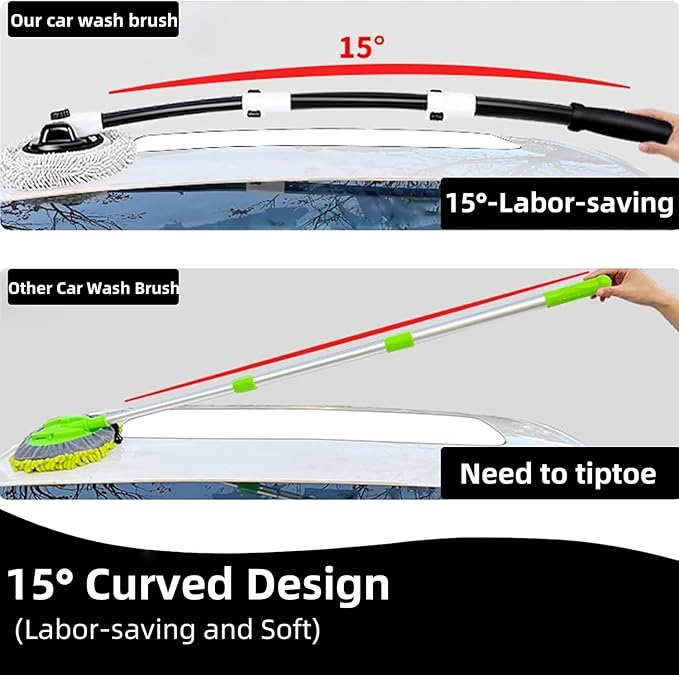 15° Curved Car Wash Brush with Long Handle 43" Microfiber Cleaning Mop Telescopic Extension Pole for Caravan RV Truck Auto SUV Wheel Boat Exterior 2 in1 Carwash Duster Scratch Free, White