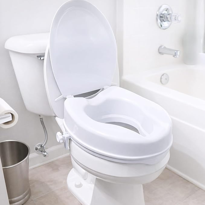HealthSmart Locking Raised Toilet Seat Riser for Seniors, 4" Elevation with Lid, Fits Round and Elongated Toilet Bowls, Secure Easy Locking Clamps, 418 lb Capacity, Quick Assembly