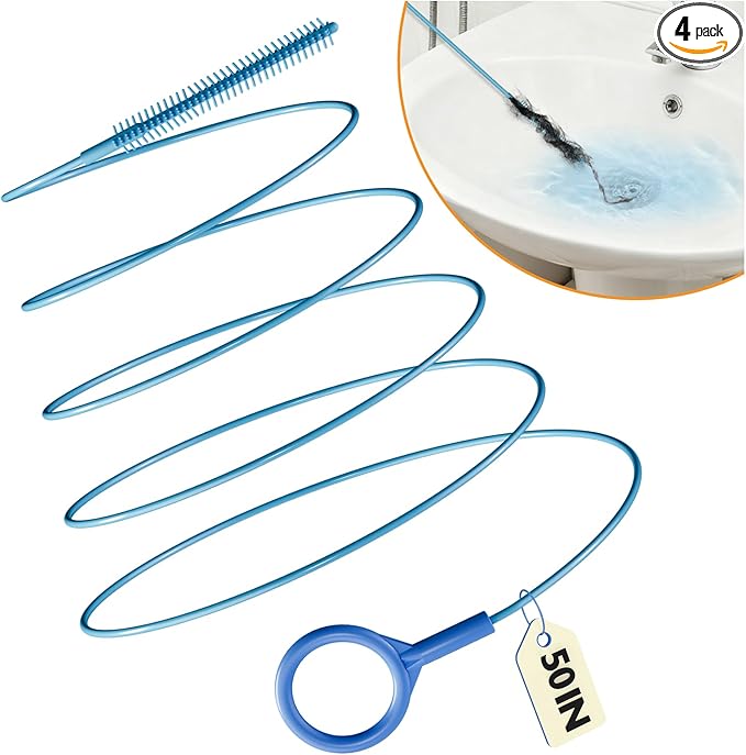 4 Pack Snake Drain Hair Removal Tool, Reusable Drain Snake Hair Drain Clog Remover Tool, 50 Inch Anti-break Steel Shower Drain Snake for Bathtub, Bathroom Sink Drain Unclog