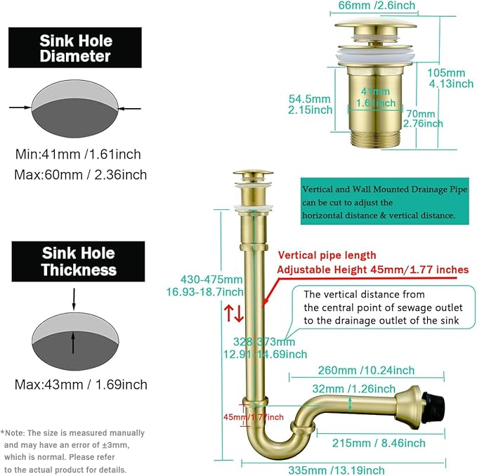 Brass P Trap with Pop Up Drain Stopper,U-Shape 1 1/4 Slip Joint Extension Tub Sink Drain Pipe,12 inch Pipe length Adjustable Height Sink Waste Trap Drain Kit,Without Overflow,Brushed Gold