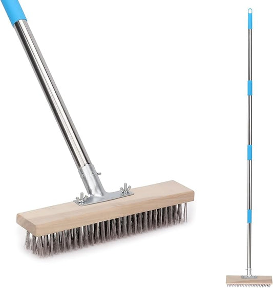 Heavy Duty Wire Broom with 70.8" Telescopic Handle: Stainless Steel Outdoor Broom for Cleaning Moss Concrete Floors Grout Gardens Patio Deck Concrete Garage (Style 2)