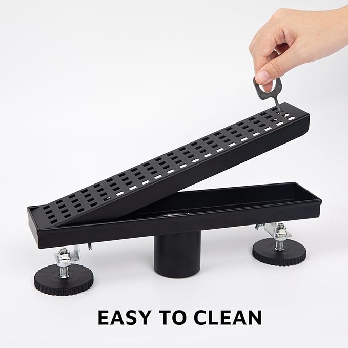 12 Inch Linear Shower Drain Matte Black, Rectangular Shower Floor Drain Kit 304 Stainless Steel, Removable Grid Grate, Hair Catcher, Leveling Feet