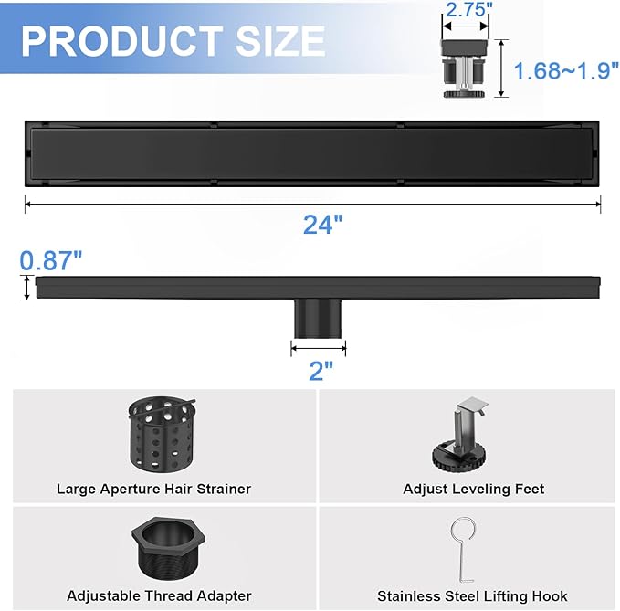 24-Inch Linear Shower Drain with Tile Insert Grate, SUS 304 Stainless Steel Linear Drain, Matte Black Long Rectangle Shower Floor Drain with Leveling Feet, Hair Strainer, Fits Bathroom