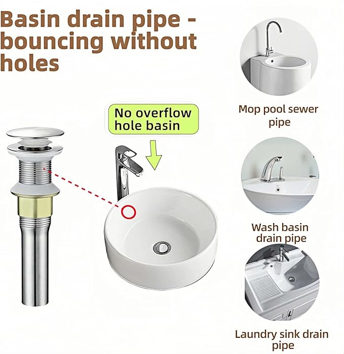 Pop-Up Sink Drain for No Overflow Basin, Stainless Steel, Hair Catcher Filter, 7.09 inch Length, Brushed Nickel (Nonporous)