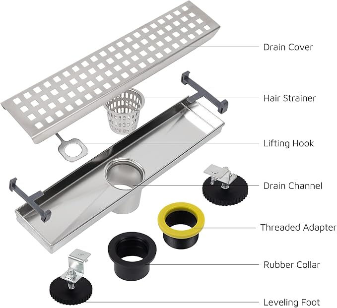 12 Inch Linear Shower Drain Brushed Nickel, Rectangular Shower Floor Drain Kit 304 Stainless Steel, Removable Grid Grate, Hair Catcher, Leveling Feet