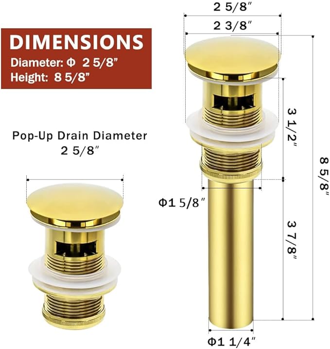 Polish Gold Vessel Sink Drain, Bathroom Sink Drain Without Overflow,Y1618W-TG