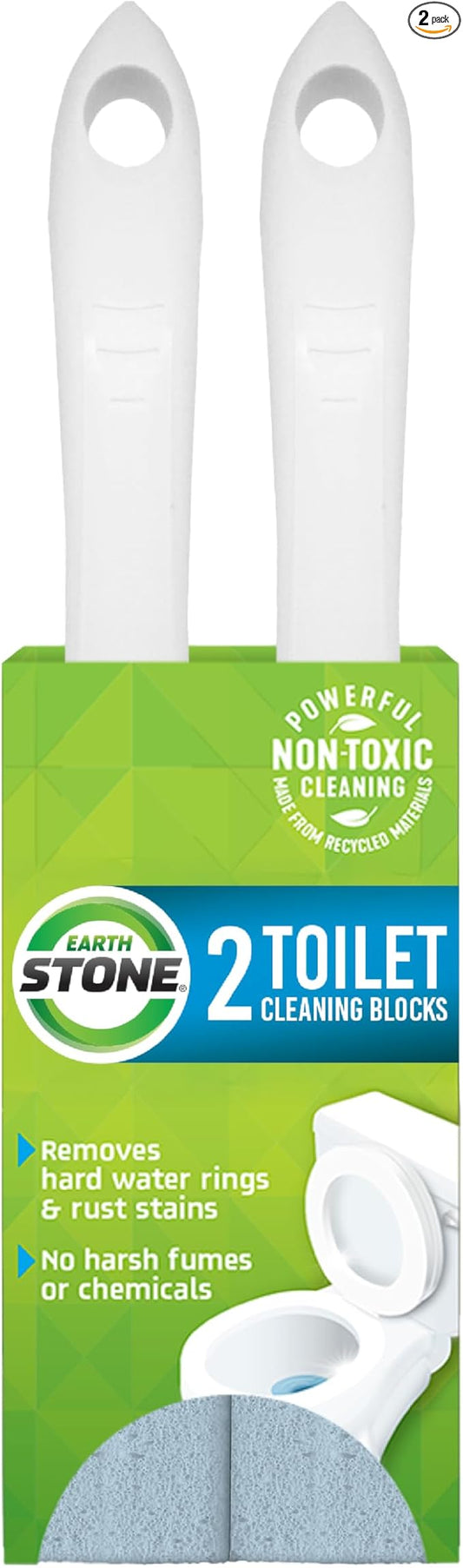 EarthStone Toilet Cleaning Block with 9" EZ-Grip Built-In Handle, Removes Hardwater and Rust Stains, Made in the USA, 2-Pack
