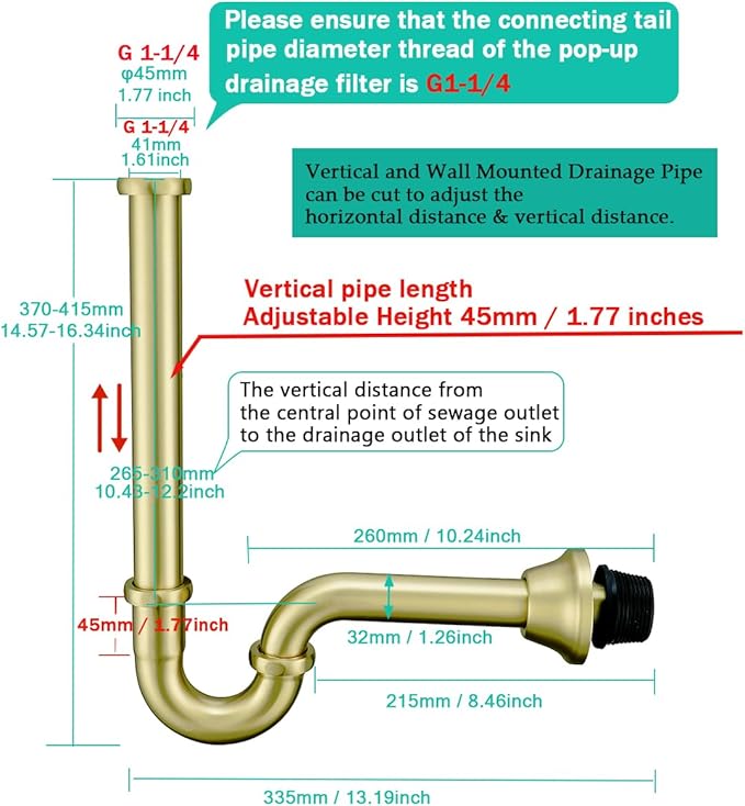 Brass P Trap U-Shape 11/4 inch Sink Drain Pipe with Slip Joint Extension Tub,12 inch Vertical Pipe length Adjustable Height Sink Waste Trap Drain Kit,Brushed Gold,SE83555BG-L