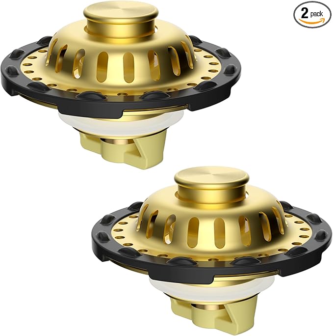 2PACK Universal Bathtub Drain Stopper Shower Hair Catcher Bathroom Sink Strainer, Tub Stopper with Visible Top Strainer, Brass Metal 3 in 1 Pop-up Stopper for Standard 1.1''~2.36'' Hole, Brushed Gold