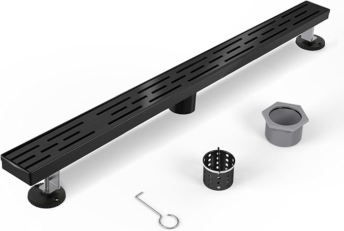 Shower Drain Stainless Steel for Bathroom: Black Linear Shower Drain 48 Inch with Removable Brick Pattern Grate - Adjustable Rectangular Shower Floor Drain with Hair Strainer (Matte Black)