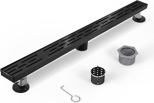 Shower Drain Stainless Steel for Bathroom: Black Linear Shower Drain 48 Inch with Removable Brick Pattern Grate - Adjustable Rectangular Shower Floor Drain with Hair Strainer (Matte Black)