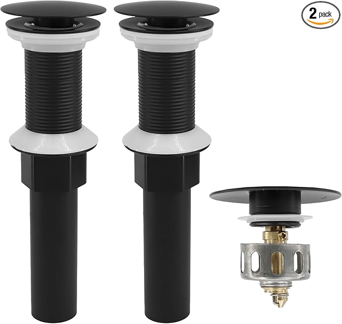 Bathroom Sink Drain,2 Pack Drain Stopper Without Overflow,Pop Up Drain Assembly with Detachable Strainer Basket,Built-in Anti-Clogging, Stainless Steel Nut Mattle Black