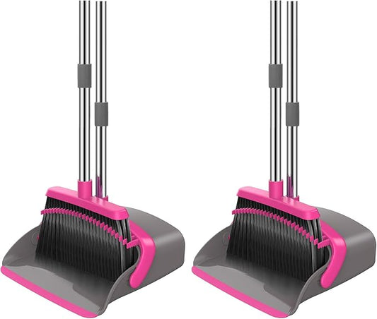 NACENA Broom and Dustpan Set, 52-in Long Adjustable Handle Broom Dustpan Combo with Dust pan Teeth to Automatically Clean Hair Suitable for Home Kitchen Office Hall Floor (Grey&Rose), 2 Pack