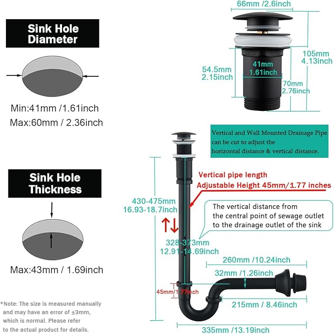 Brass P Trap with Pop Up Drain Stopper,U-Shape 1 1/4 Slip Joint Extension Tub Sink Drain Pipe,12 inch Pipe length Adjustable Height Sink Waste Trap Drain Kit,Matte Black(Without Overflow)