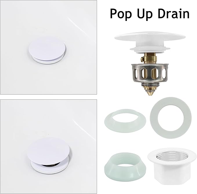 Bathroom Sink Drain,Drain Stopper Bathroom Sink Without Overflow,Pop Up Drain Assembly with Detachable Strainer Basket,Built-in Anti-Clogging, Stainless Steel Nut White