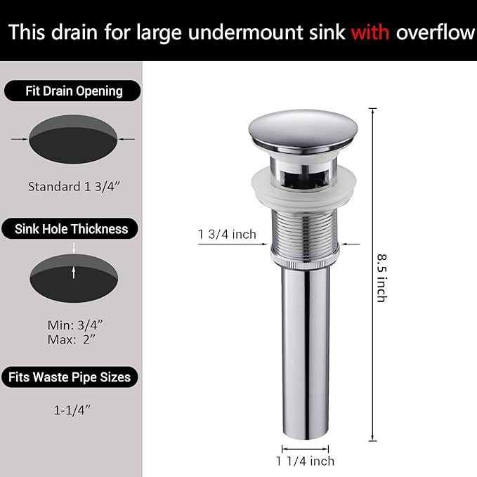 Bathroom Sink Drain with Overflow - Big Cap for Standard 1 3/4" Drain Opening - Pop Up Drain,Chrome,YDPOP-6