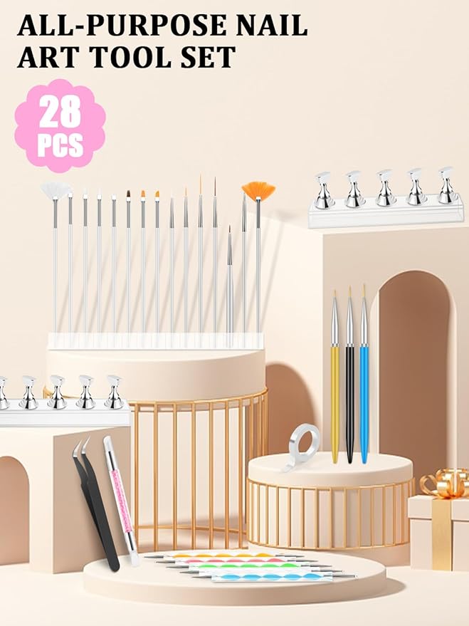 YOOVR Nail Art Tools Set, Nail Stand for Press on Holder for Painting Nails, Nail Art Brushes, Liner Brushes, Nail Dotting Tool, Must Haves Design Tools Supplies Kit for Nail Tech & Beginners (White)