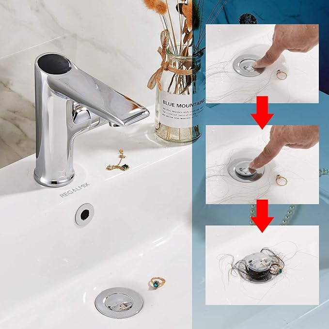 Pop Up Drain Stopper, Built-in Anti-Clogging Strainer, Polished Chrome, Fits Standard American Drain Hole (1-1/2" to 1-3/4")