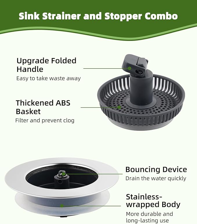 Universal 3-in-1 Kitchen Sink Strainer Stopper Pop Up Sink Drainer with Upgrade Folded Handle, for US Standard 3-1/2 inch Drain Filter, Chrome Stainless-Wraped Shell, Anti-Clog