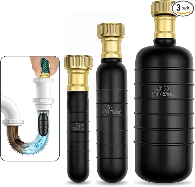 3 Pack Drain Bladder Kit, Rubber Drain Cleaning Bladder Fits 1”–6” Pipes, Unclogger for Sinks, Showers, Bathtubs, Pools, Main Drains & Outdoor Sewer Lines
