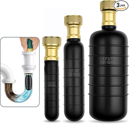 3 Pack Drain Bladder Kit, Rubber Drain Cleaning Bladder Fits 1”–6” Pipes, Unclogger for Sinks, Showers, Bathtubs, Pools, Main Drains & Outdoor Sewer Lines