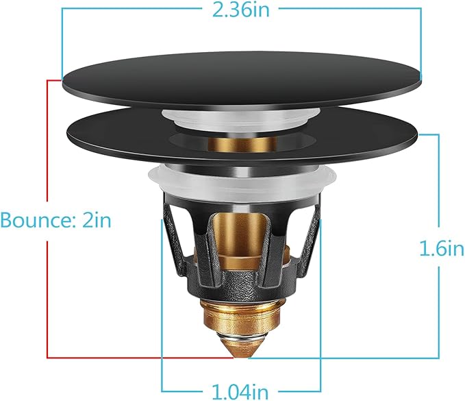 Universal Bathroom Sink Stopper in Brass, 1.04-1.97 Inch Pop Up Basin Sink Drain Stopper, Sink Drain Strainer with Anti Clogging Filter Hair Catcher, Large Lid Black