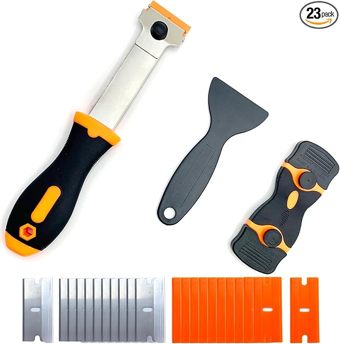 4 Pack Razor Blade Scraper Tool, Multi-Purpose Glass Scraper with 20 PCS Metal & Plastic Blades, Durable Cleaning Scraper for Windows, Stickers, Paint, Cooktops, and Adhesive Removal