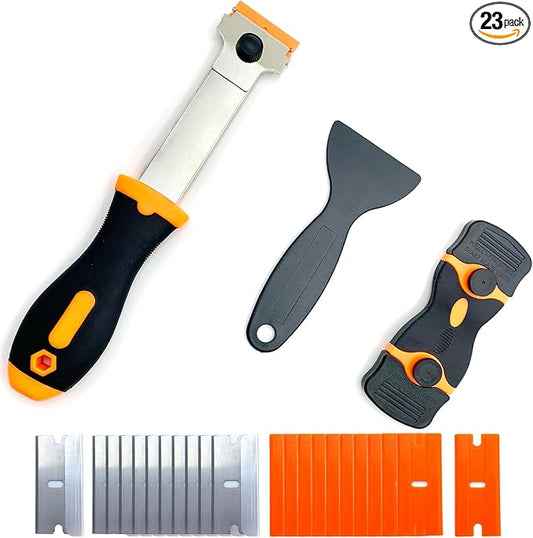 4 Pack Razor Blade Scraper Tool, Multi-Purpose Glass Scraper with 20 PCS Metal & Plastic Blades, Durable Cleaning Scraper for Windows, Stickers, Paint, Cooktops, and Adhesive Removal