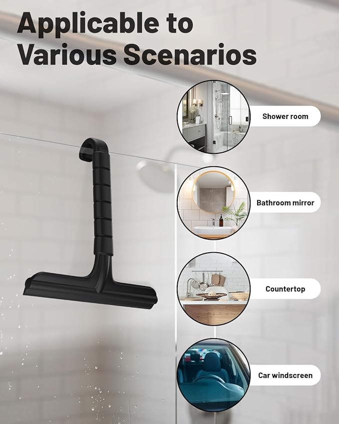Silicone Shower Squeegee with Hook,Dual-Sided Design with Scraper & Scrub Surface, Shower Squeegee for Glass Doors (Dark)