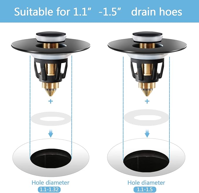 Black Bathroom Sink Stopper – Pop Up Drain Stopper & Sink Strainer, Universal Sink Plug for 1.1" to 1.5" Bathroom Sink Drain Pipes, Matte Black Finish