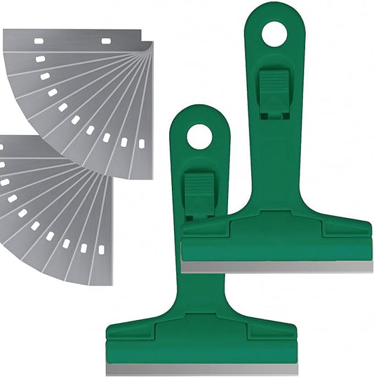 2pack 5.5 inches Industry Glass Scraper Scraping Hand Tool, T Shape Razor Blade Scraper with 20x Blades, Steel Scraping Knife for Window Stove Windshield Aquarium Tile Floor Wall Cleaning (Green)