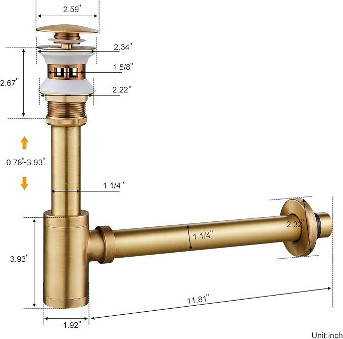 Solid Brass Adjustable 1-1/4 Bottle Trap with Overflow Drain Stopper Set, Bathroom Sink P-Trap Complete Set Sink Drain Kit Tube, Antique