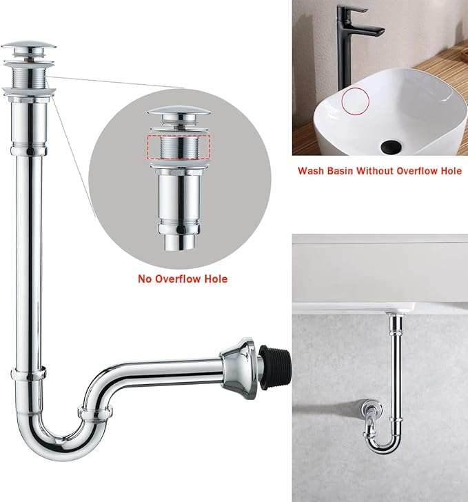 Brass P Trap with Pop Up Drain Stopper,U-Shape 1 1/4 Slip Joint Extension Tub Sink Drain Pipe,12 inch Pipe length Adjustable Height Sink Waste Trap Drain Kit,Chrome(Without Overflow)