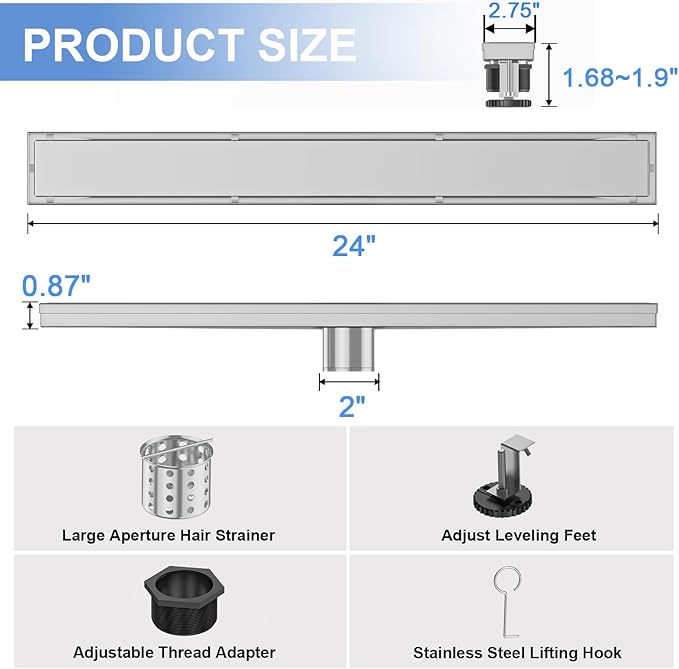 24-Inch Linear Shower Drain with Tile Insert Grate, SUS 304 Stainless Steel Linear Drain, Brushed Nickel Long Rectangle Shower Floor Drain with Leveling Feet, Hair Strainer, Fits Bathroom