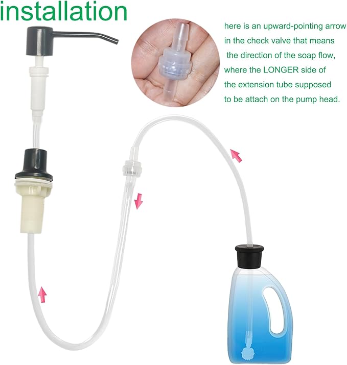 Under Sink Soap Dispenser Extension Tube Kit – 47" Hose with Check Valve & Weighted Ball – Connect Sink Dispenser to Large Dish Soap Bottle – No More Refills – Includes 4 Universal Bottle Caps