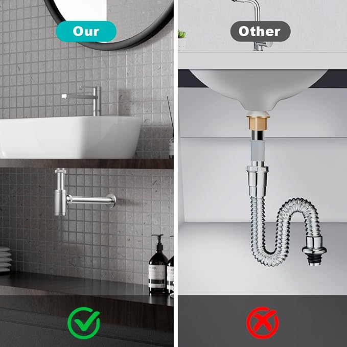 Solid Brass Bathroom Sink P-Trap Complete Set, Adjustable 1-1/4 Bottle Trap with Pop Up Drain Stopper Without Overflow, Brushed Nickel