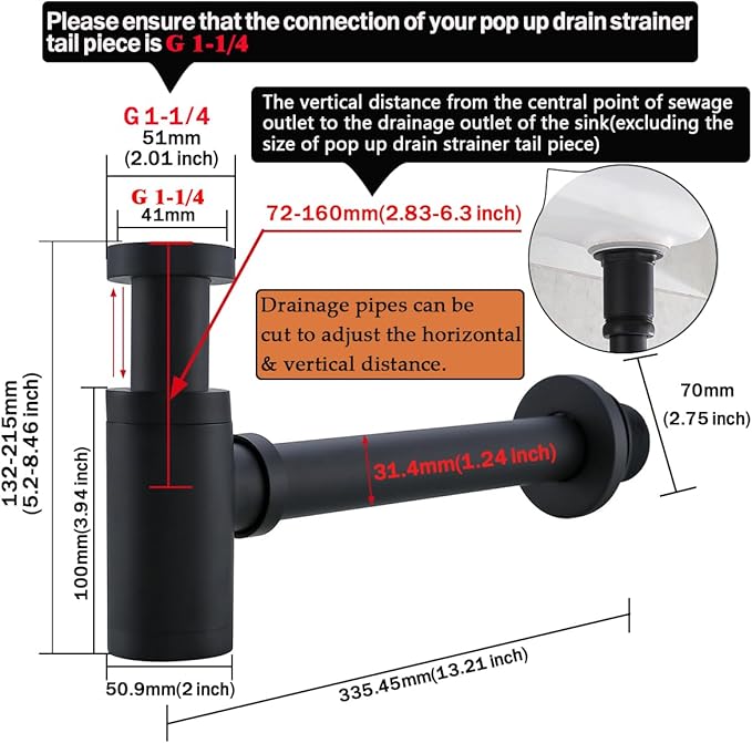 RANDOM Brass Contemporary Round Bottle P Trap 1 1/4,Basin Sink Waste Drain P Trap Kit (Matte Black)
