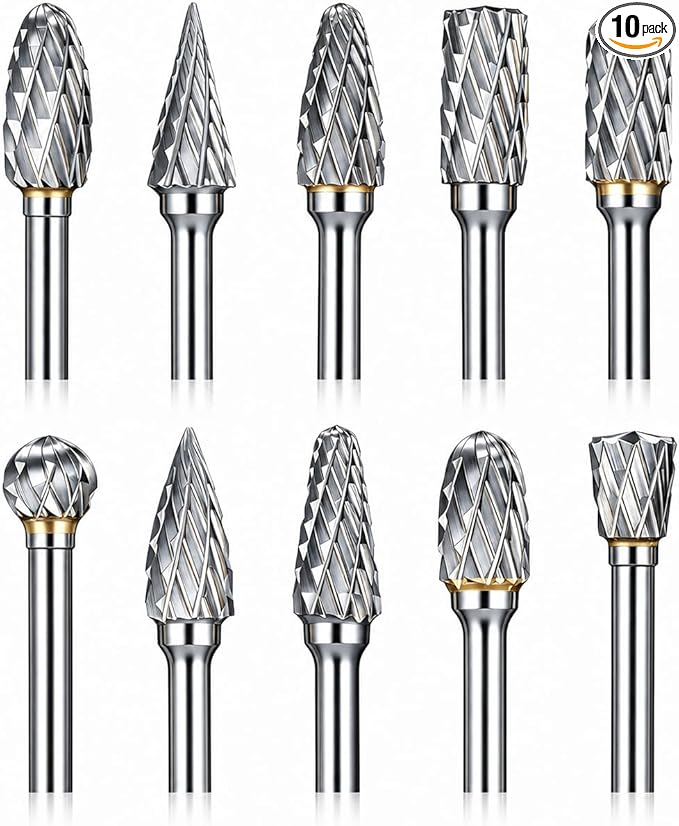 Sworker 10 Pcs Carbide Burr Set 1/8" Shank w/ 2 Collets Compatible with Dremel Bits Rotary Tools Attachment Kit Rasp Drill File Accessories Metal Wood Stone Steel Grinding Carving Cutting Polishing