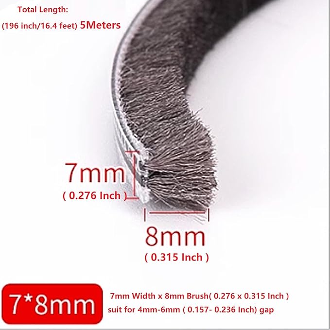 16 Ft (5m) 196 Inch Sliding sash Windows Doors Tape Pile Draught excluder Brush Seal Strip weatherstrip 7mm x 8mm (7/24 5/16 Inch, Gray)