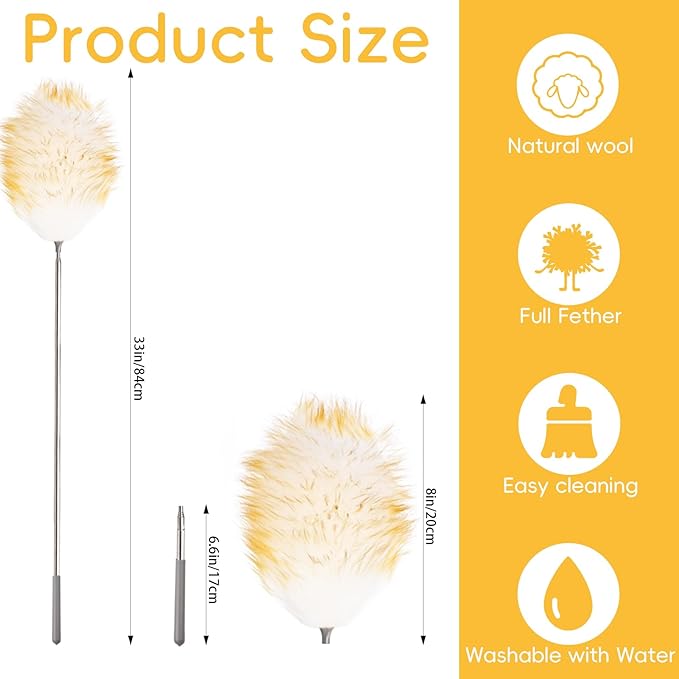 Lambswool Extendable Mini Duster 14-34 Inch Stainless Steel Extension Telescoping Pole Wool Dusters for Cleaning Ceiling Fans Window Blinds Car Interiors Furniture Dusting