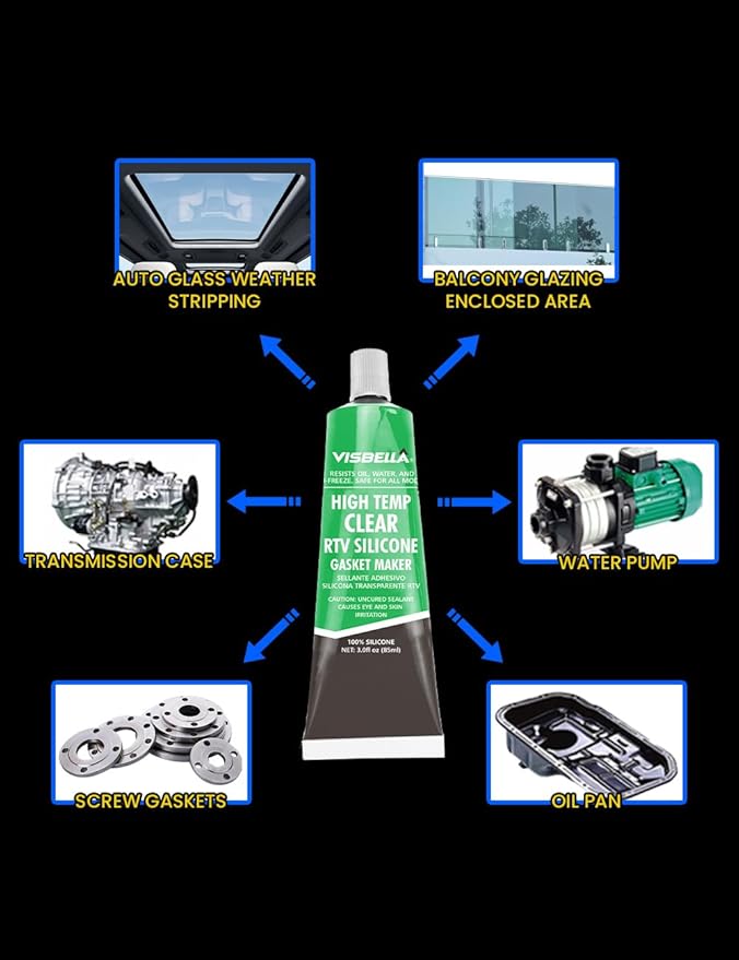 Visbella High Temperature RTV Silicone Gasket Maker, Sealed Oil Resistant Waterproof Quick Dry Liquid for Bonding Internal Combustion, Steam Turbines, Automotive Engine Parts 3.7OZ (Clear)