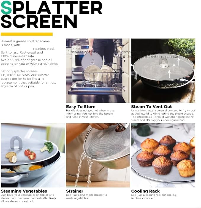Homestia Splatter Screen for Kitchen, Stainless Steel Fine Mesh Splatter Screen for Frying Pan, 10” Grease Splatter Guard with Fold Flat Knob