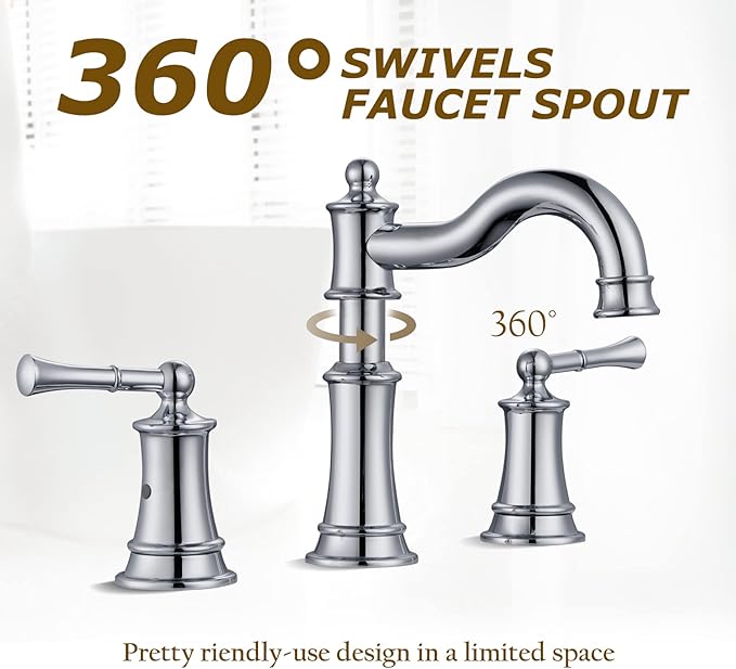 Roman Bathroom Sink Faucet Deck Mount or Wall Mount Installation Pop-up Drain Assembly with Overflow Deck Plate and Water Supply Lines Included (3 Hole Deck Mount, Chrome)