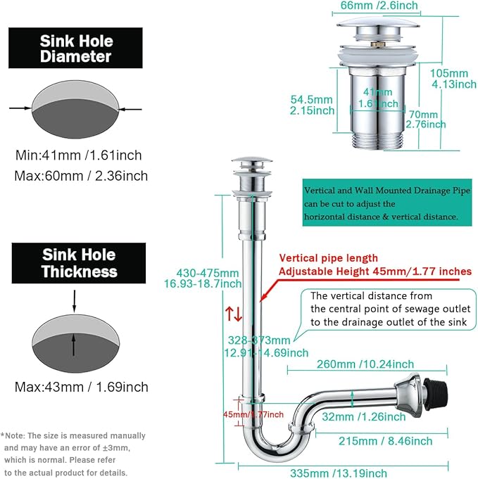 Brass P Trap with Pop Up Drain Stopper,U-Shape 1 1/4 Slip Joint Extension Tub Sink Drain Pipe,12 inch Pipe length Adjustable Height Sink Waste Trap Drain Kit,Chrome(Without Overflow)
