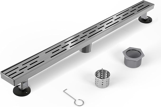 Shower Drain Stainless Steel for Bathroom: Brushed Nickel Linear Shower Drain 48 Inch with Removable Brick Pattern Grate - Adjustable Rectangular Shower Floor Drain with Hair Strainer