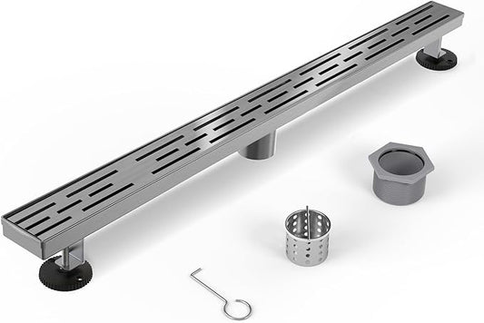 Shower Drain Stainless Steel for Bathroom: Brushed Nickel Linear Shower Drain 48 Inch with Removable Brick Pattern Grate - Adjustable Rectangular Shower Floor Drain with Hair Strainer